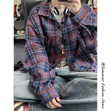 Riolio Spring Long Sleeved Shirt Men Oversized Fashion Retro Casual Shirt Men Streetwear Korean Loose Plaid Shirt Mens Vintage Shirts